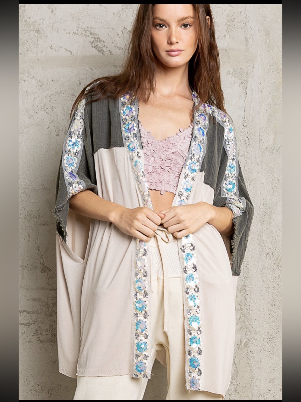 Floral Attraction Sequin Accent Layering Top Kimono in Basil Oatmeal by POL